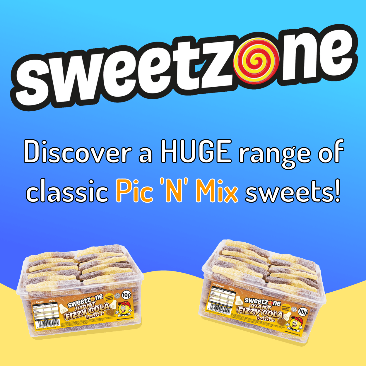 Sweetzone Fizzy Giant Cola Bottles - 805G Tub - 70pcs - Pic N Mix Style Sweets