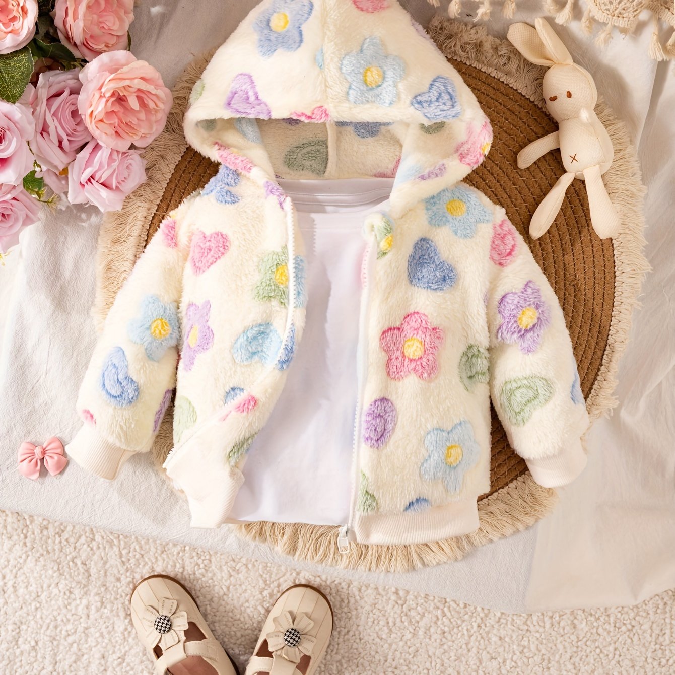 Baby Girls Floral Hooded Jacket - 100% Polyester Long Sleeve Coat with Zipper, Soft Plush Knit Fabric, Regular Fit for Outdoor Play in Fall/Winter, Skiing Compatible, Thick