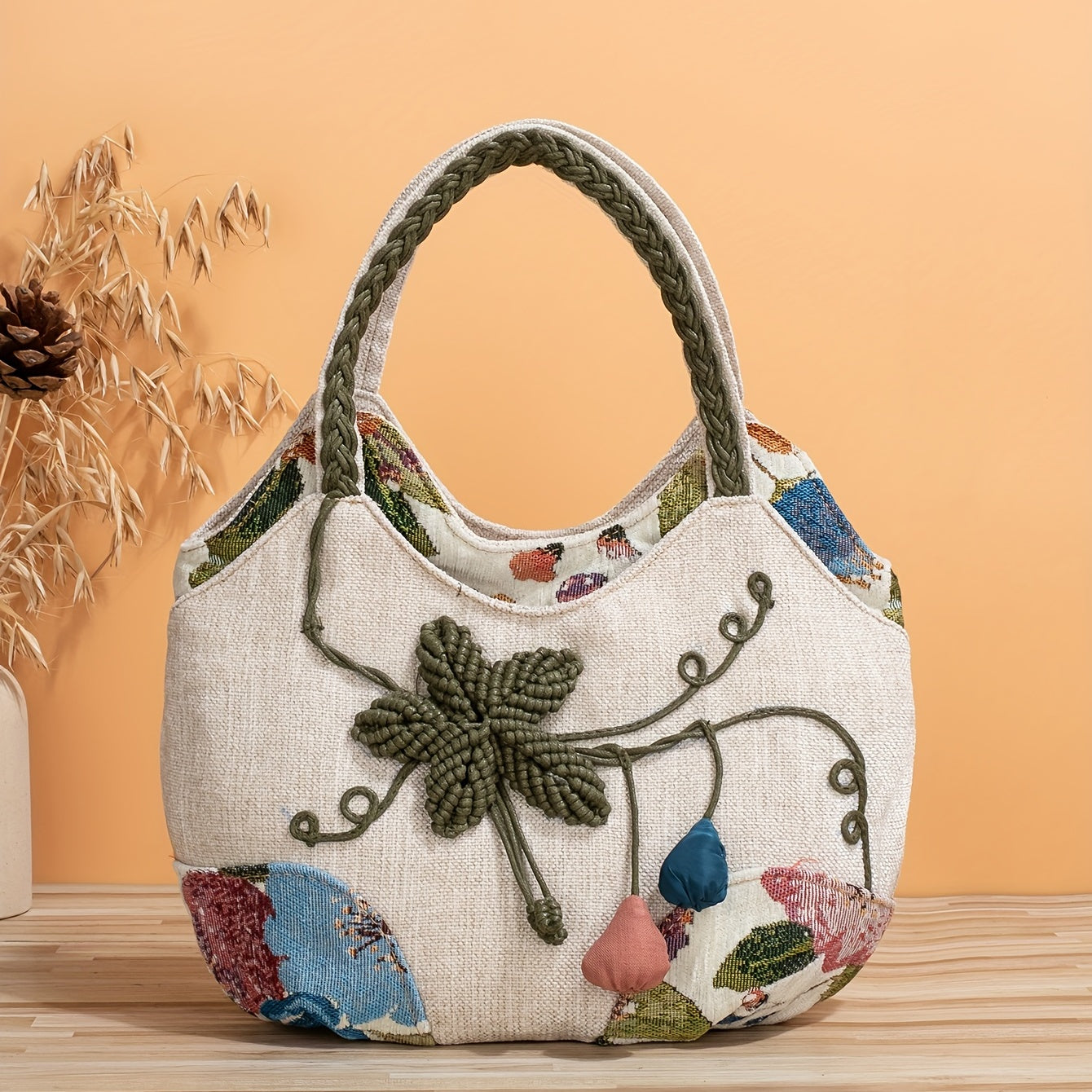 Foldable Zipper Closure Bohemian Style Handmade Flower Tote Bag - Fixed Shoulder Strap, with Wristlet, for Vacation
