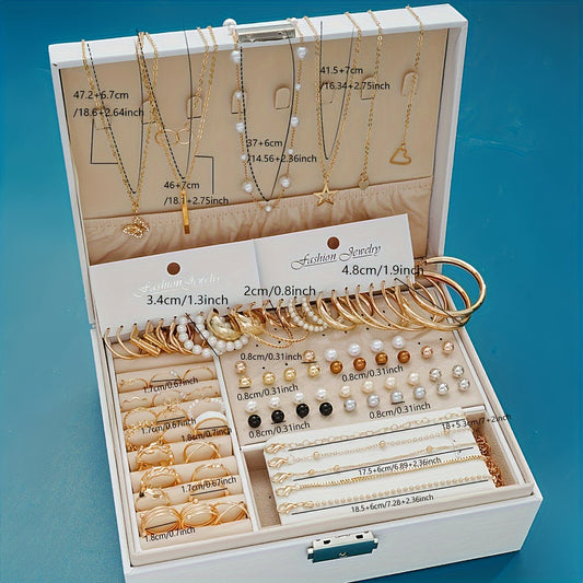 86pcs Women'S Jewelry Set | Retro Elegance with Imitation Pearl Flower, Geometric Line Rings, Large C-shaped Earrings, Butterfly, Five-pointed Star, Heart Circular Pendant Necklace - Perfect for Daily Outfits and Festival Gif