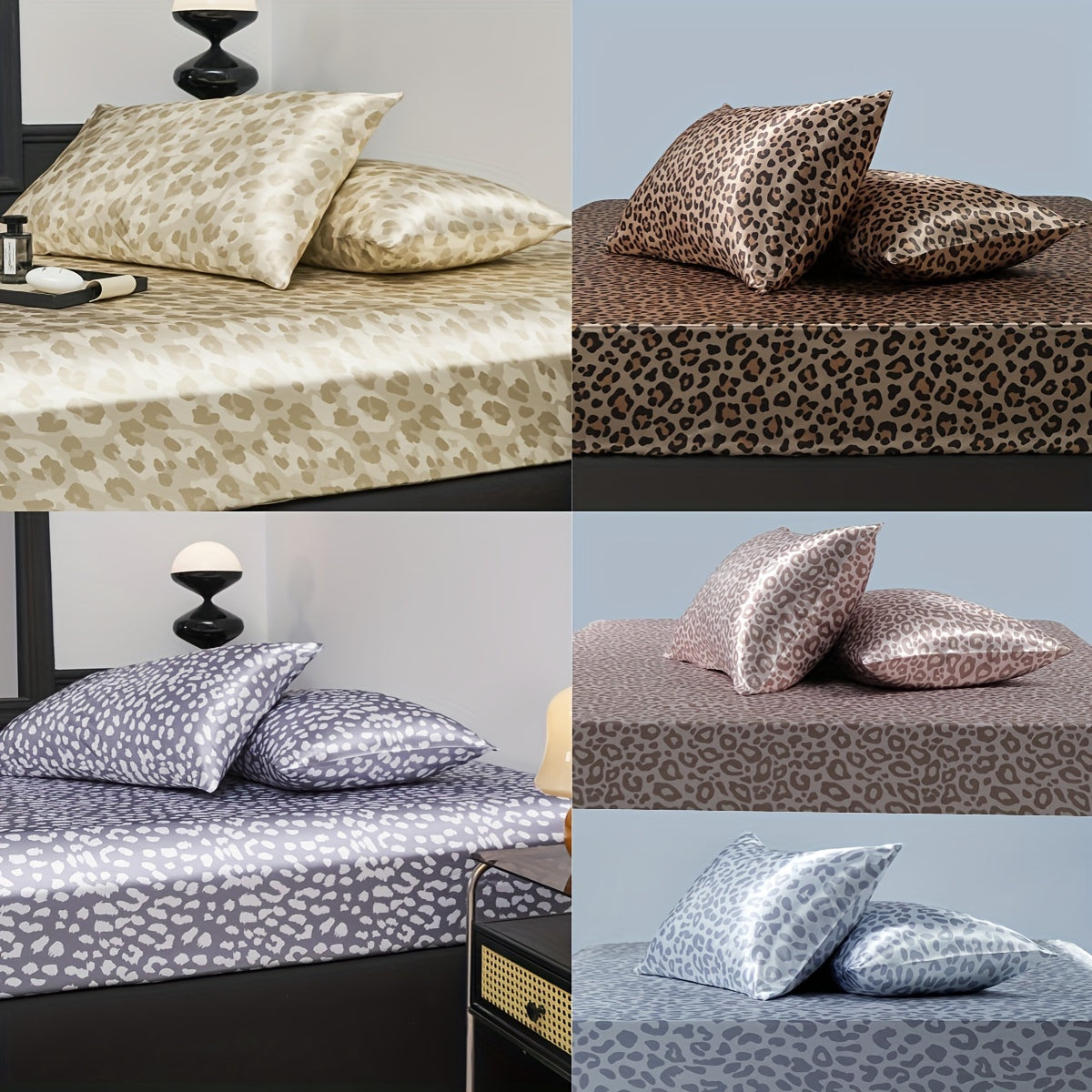 3pcs Luxurious Leopard Print Satin Sheet Set - Soft, Breathable, and Hypoallergenic for Comfortable Sleeping in Home, Dorm, and Guest Room - Includes 1 Mat and 2 Pillowcases, Easy Care and Machine Washable (Core Not Included)