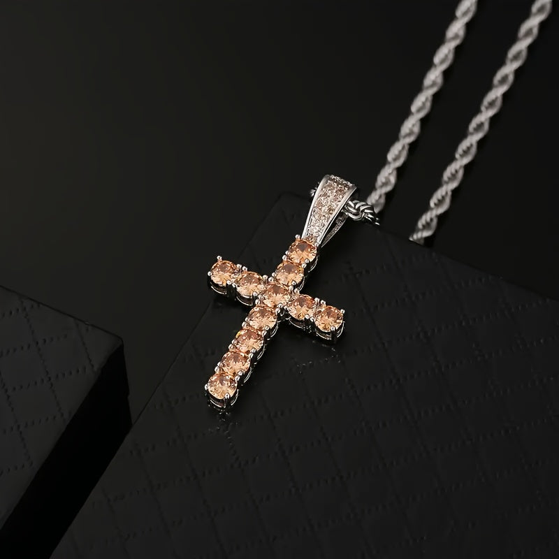 Hip Hop Cross Copper With 4mm Zirconia 14K Golden Plated Pendant Necklace