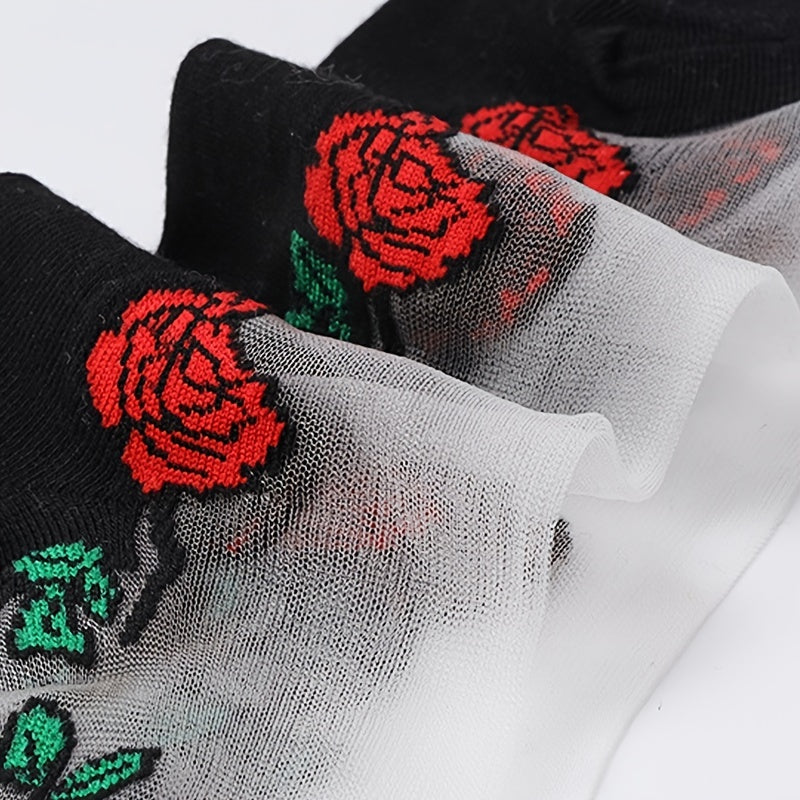 5 Pairs Mesh Floral Print Mid Tube Socks, Crystal Glass Short Thin Socks, Women's Stockings & Hosiery
