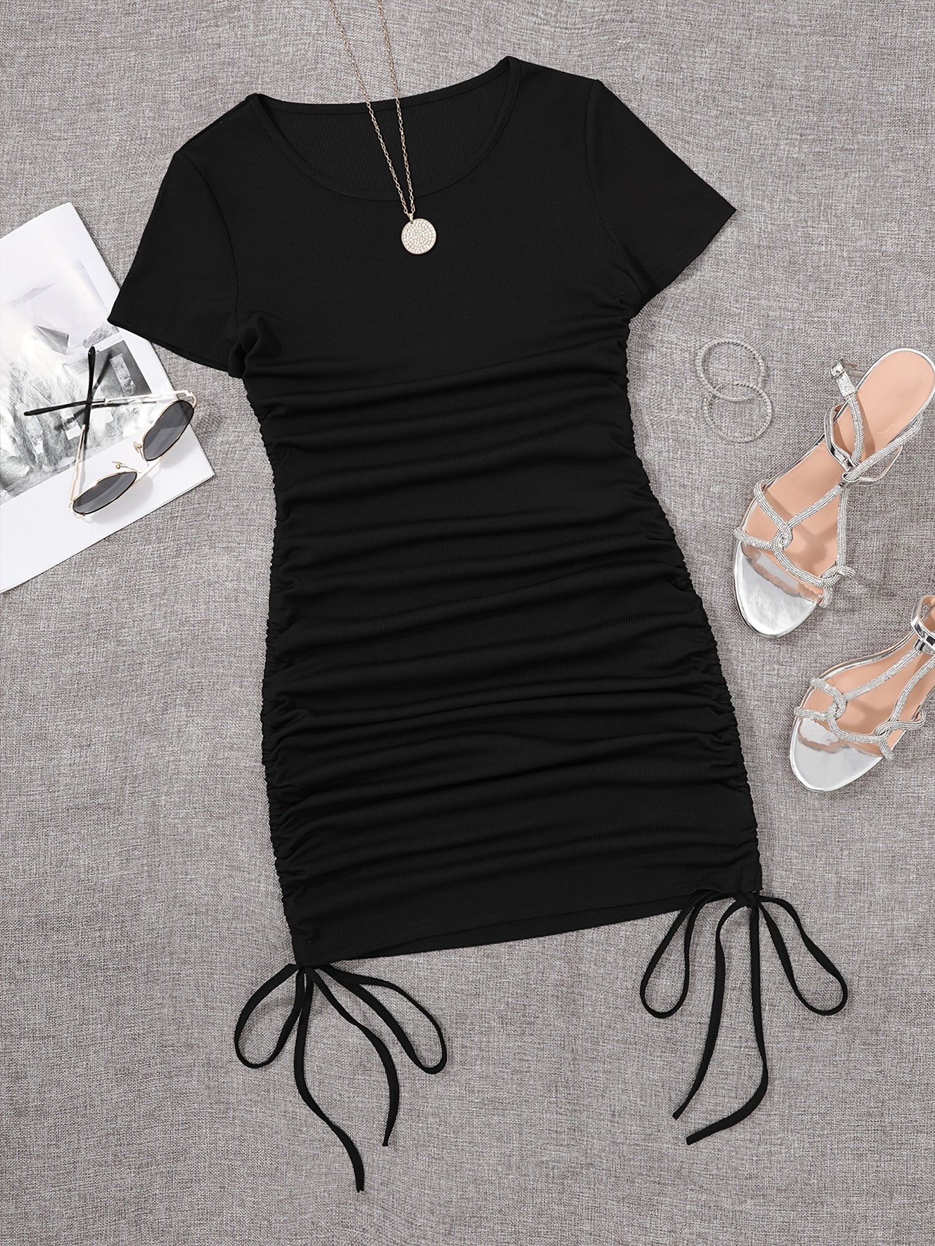 Drawstring Ruched Skinny Dress, Solid Short Sleeve Crew Neck Dress, Women's Clothing