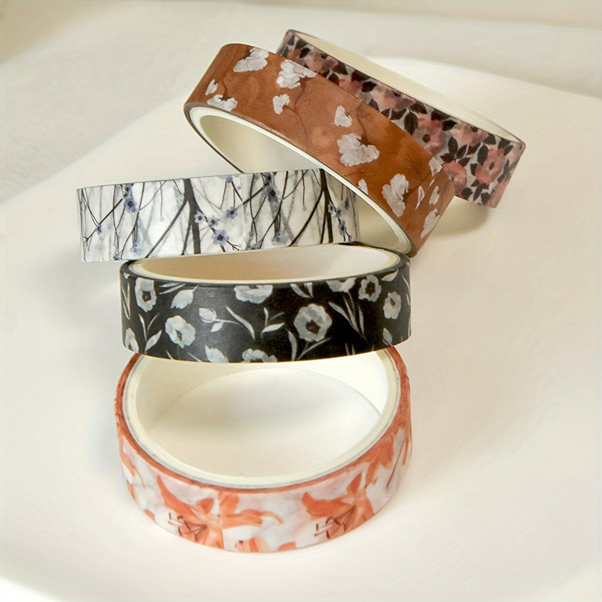 5 Rolls of Washi Tape Flower Series Tear-Off Traceless Decorative Sticker Tape Suitable for Diaries, Photo Albums, Schedules and Party Decorations
