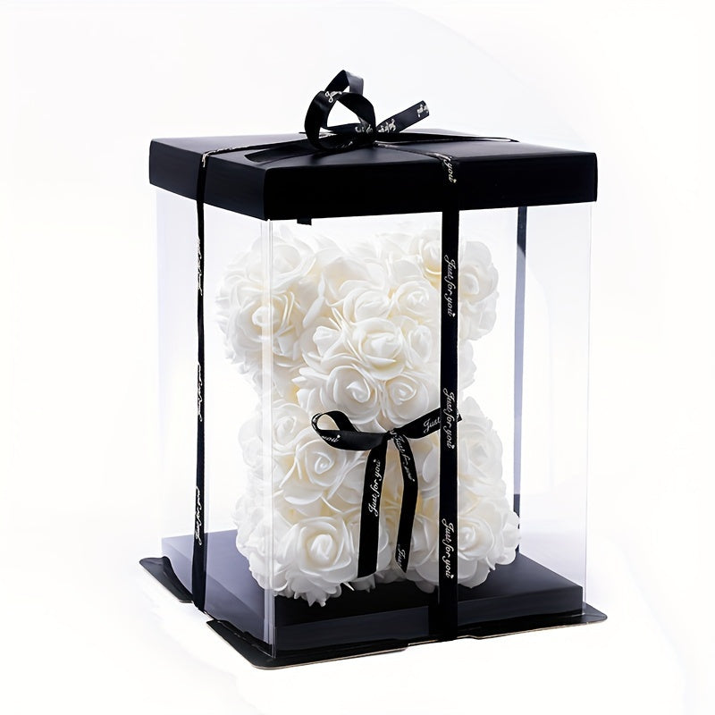20cm Deluxe Artificial Rose Bear Flower Arrangement - Exquisite Foam Roses in Decorative Container for Romantic Home Decor, Festive Celebrations, and Thoughtful Gift-Giving - Perfect for Valentine's Day, Mother's Day, Anniver