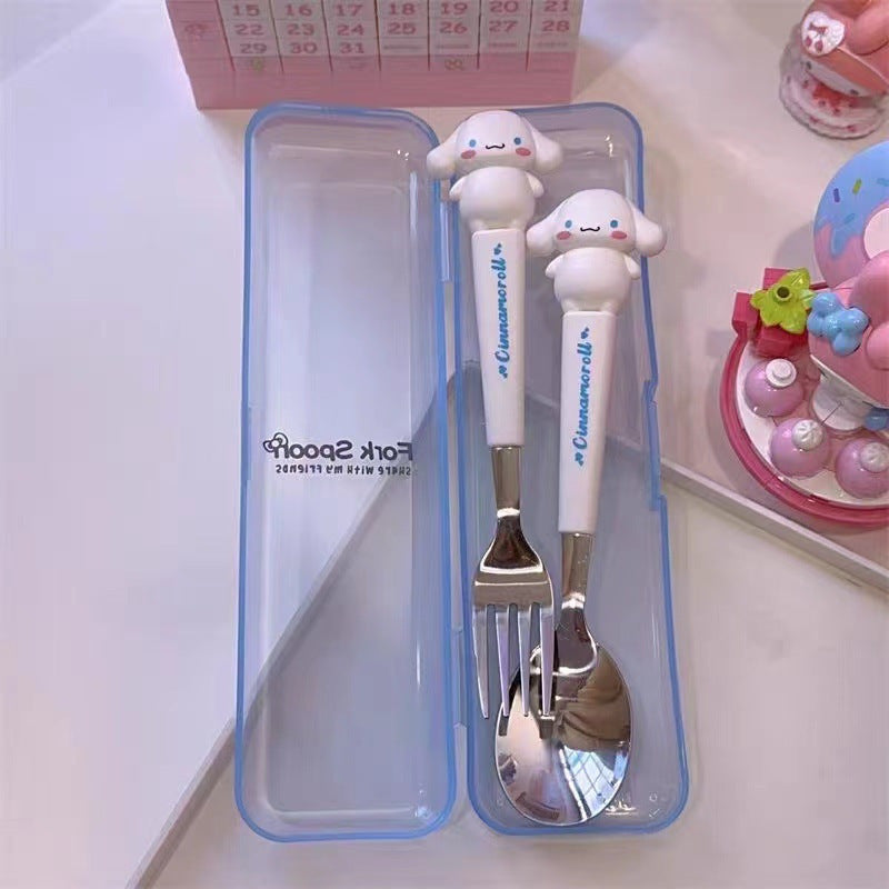 Sanrio Cute Cartoon 2pcs Tableware Suit-Stainless Steel Portable Travel Fork and Spoon with Cute Character Handle, Outdoor Eating Essentials, Onthego Dining, Fun Utensils, Stylish Cutlery, Polished Finish, Highquality Steel,