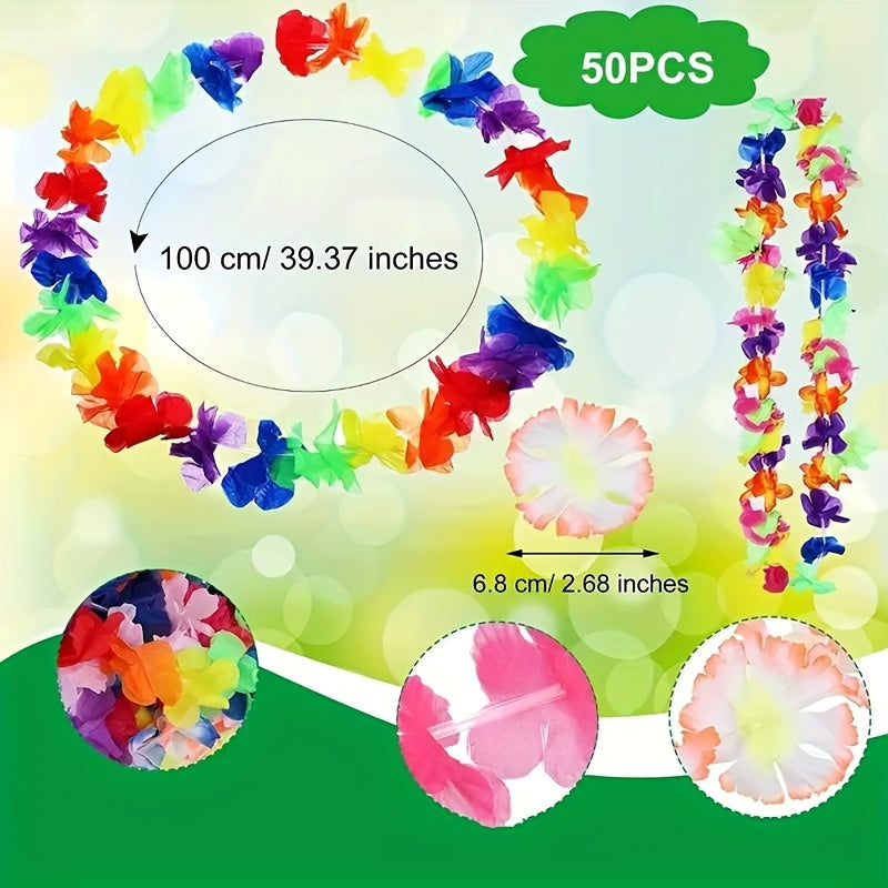 50pcs Hawaiian Flower Lei Necklaces - Polyester Tropical Luau Party Favors for Weddings, Birthdays, Graduations, Bridal Showers - Versatile Carnival Theme Decorations for Christmas, Halloween, Summer - No Feathers, Electricit