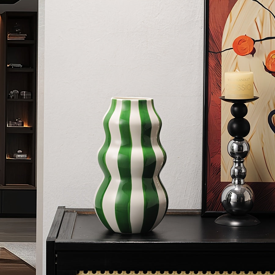 1pc Modern Ceramic Striped Vase – Elegant Cylindrical Design in Blue, Green, Red & White Stripes, Perfect for Hydroponic Plant Arrangements in Living Room, Balcony, or Home Decor, Living Room Accent | Modern Ceramic Vase |