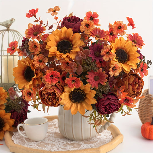 4pcs Realistic Autumn Floral Arrangement - Sunflower, Peony, Daisy Bouquet in Vintage Vase Look - Fall Home Decor, Wedding, Thanksgiving, Halloween, Harvest Festival Centerpiece - No Maintenance Artificial Flowers - Indoor/Ou