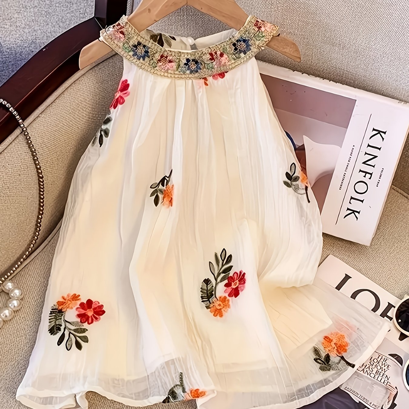 Summer New Bohemian Style Flower Embroidery Mesh Overlay Dress | Sleeveless, Non-Stretch Fabric, Flared Hem, Round Halter Neck, Ideal for Casual and Travel Vacation, Little Thin Princess Dress