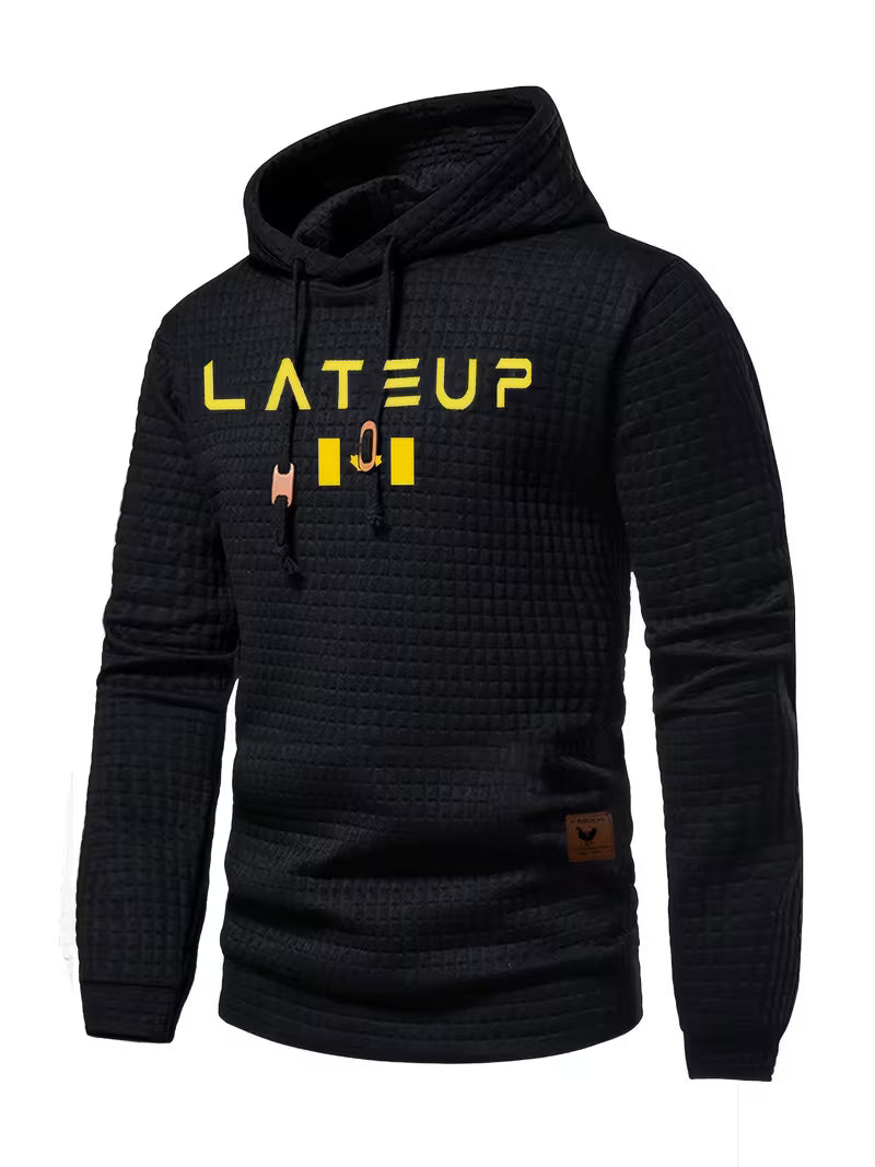 Waffle Pattern Solid Hoodie With Logo