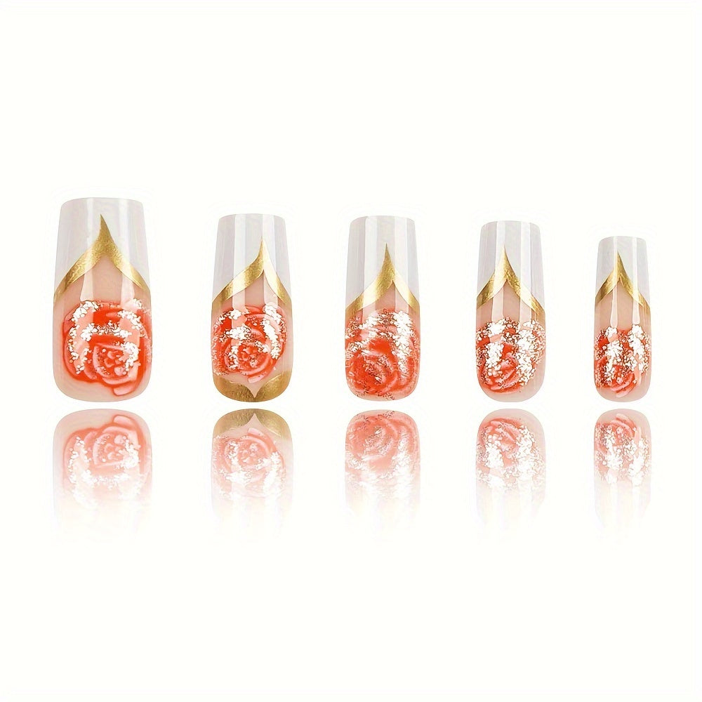 24pcs Glossy Medium C-Curve Press On Nails with Pink Flower and Golden Stripe Pattern Artificial Reusable False Nails for Women, Medium Length Press On Nails
