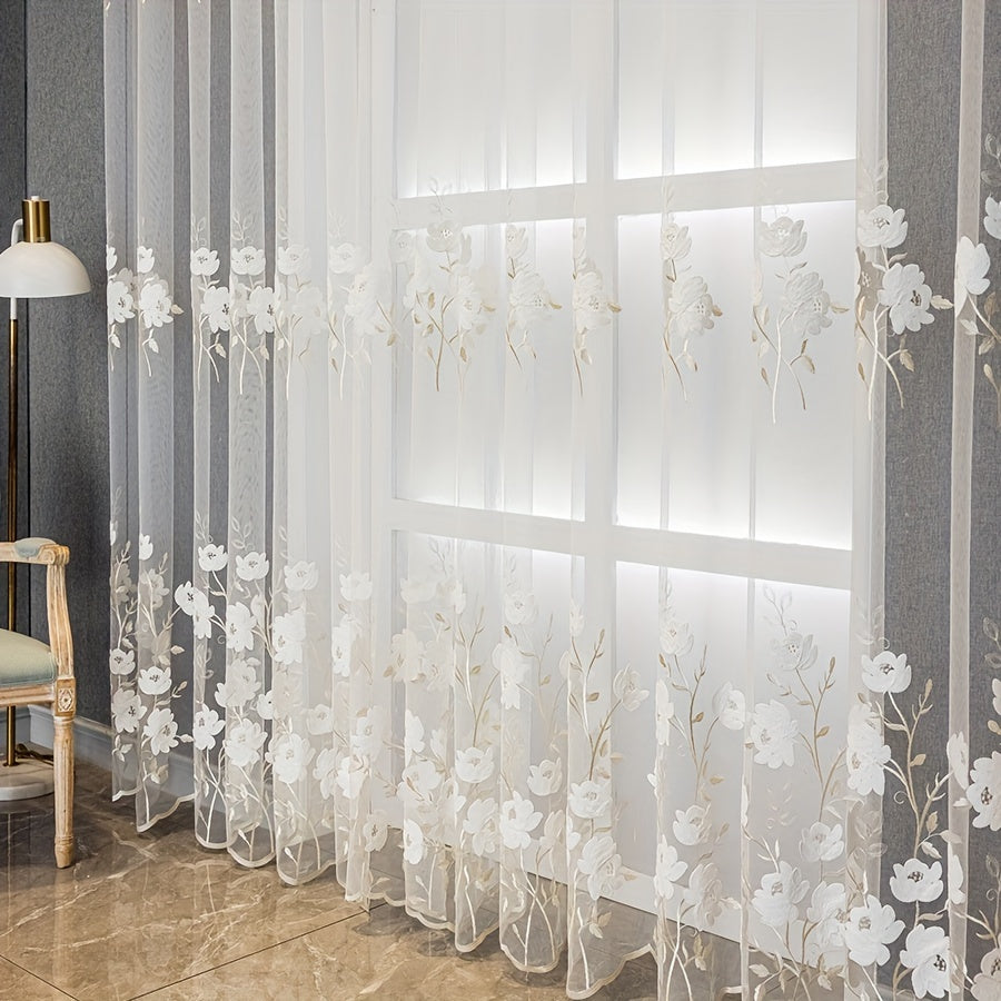 2pcs of Countryside Embroidered Flower Pattern, Uv-Resistant Transparent Curtains, Suitable for Home Decoration in Living Rooms, Bedrooms, Dining Rooms, Offices, Balconies, Etc.
