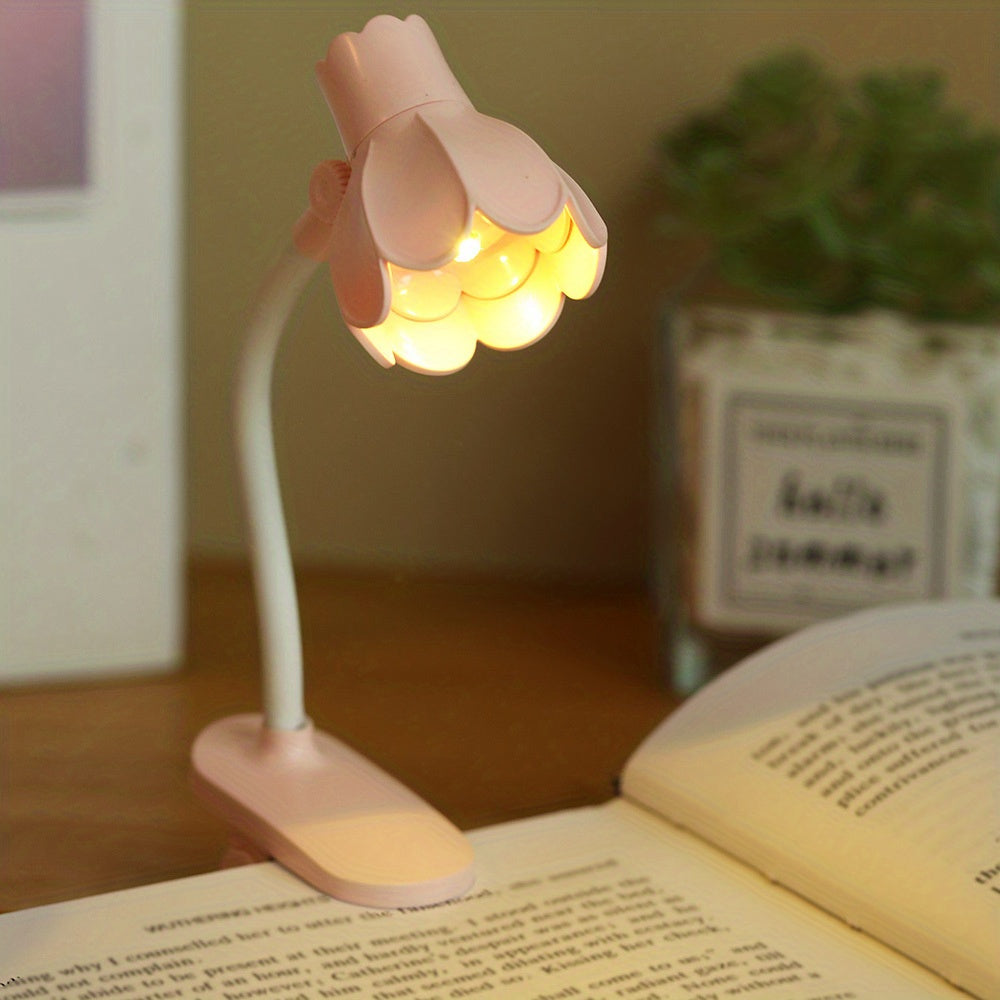 1/2/3pcs MINI Arm Adjustable LED Horn Flower Book Light - Battery-Powered Desk Lamp with Pink & White Design, Perfect for Reading at night, or Desktop Decoration, Portable reading Lighting, Desk Lamps for Home Office,mini boo