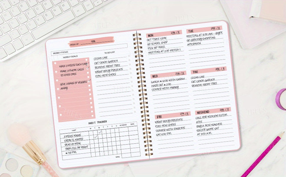 1pc Trees Undated A5 Daily Weekly Notebook Planner | Spiral Bound, 52 Sheets, 21.08*13.97 cm, Pvc Cover, English Language, Ideal For Office And School Use