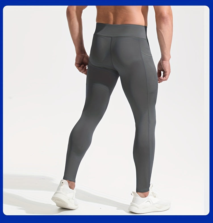 Men'S High Waist Compression Sports Leggings, Quick Dry, High Elastic, Polyester 90% Spandex 10%, Solid Color, Pocket Detail, Knit Fabric, Skinny Fit, Four Seasons, for Running, Yoga, Training, Basketball, Outdoor Activities