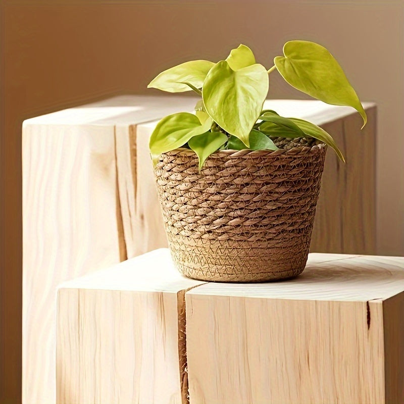 1pc, Handmade Braided Straw Natural Sea Grass Braided Flower Pot Rattan Braided Plant Green Plant Cover Pot Home Decoration Flowerware Contains Waterproof Layer Flower Basket