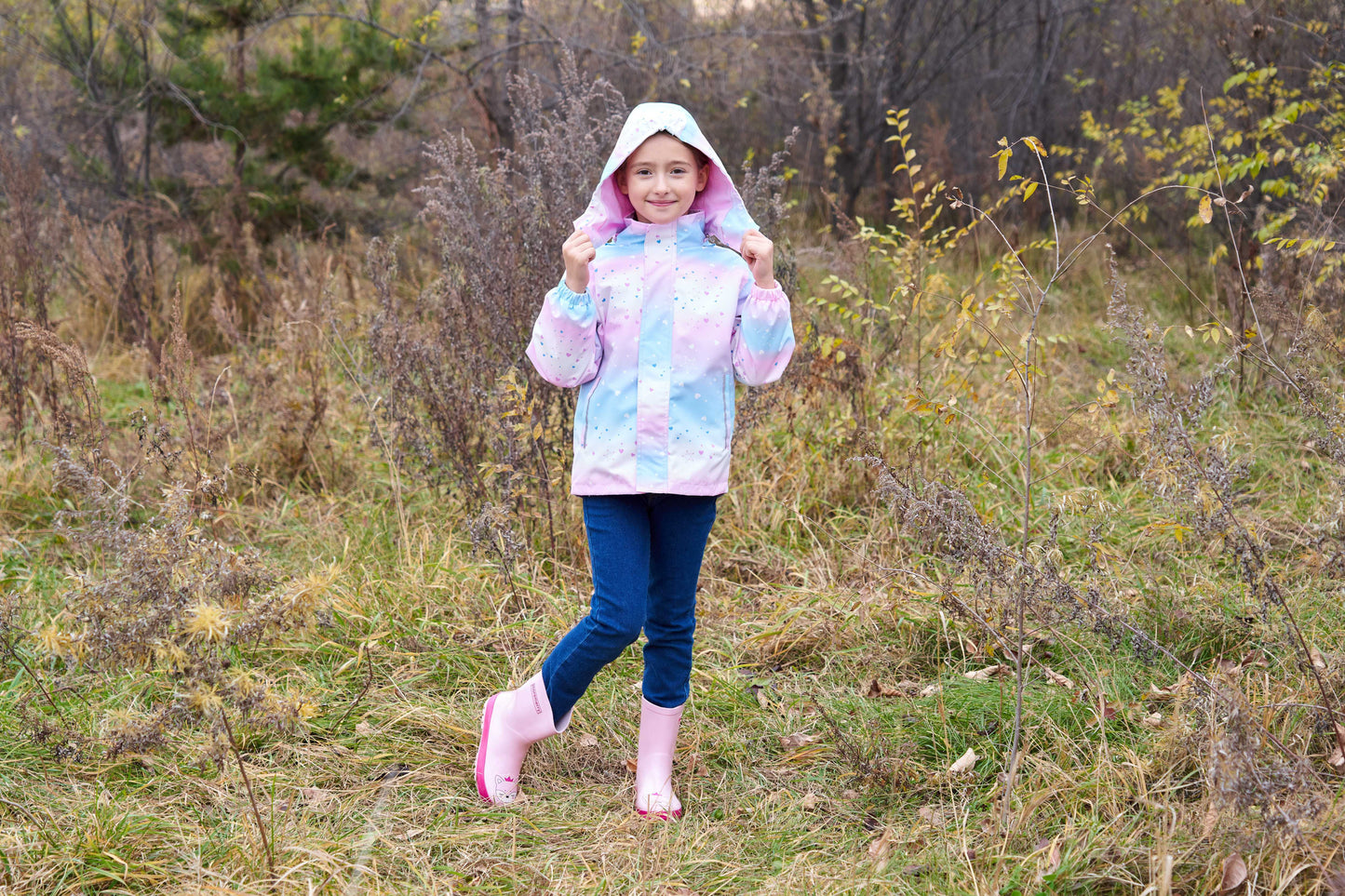 Girls' Gradient Color Hooded Jacket - Lightweight Windproof Winter Coat with Removable Hood, Zipper Closure & Animal Print Design for Casual Outings & Outdoor Play, Hooded Coat, Playful Design