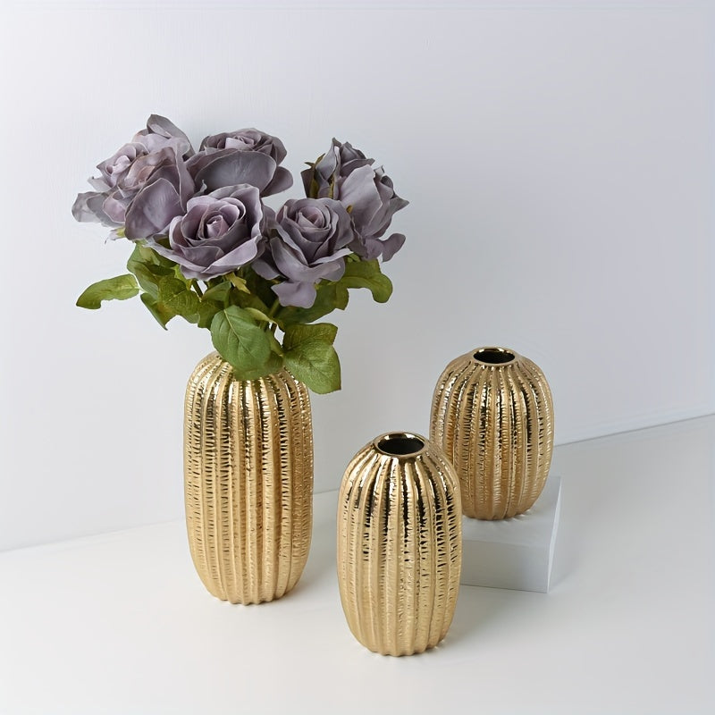 1pc Modern Simple Ceramic Vase Ornament Creative Golden Flower Vase Home Living Room Soft Decoration Dried Flower Vase