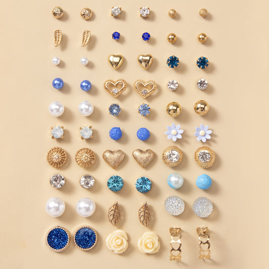 30 Pairs Delicate Stud Earrings Set - Exquisite Imitation Pearl Love Flower Leaf Design, Classic Everyday Wear, Adorable Female Gift - Unique Original Piece in Stunning Blue Color