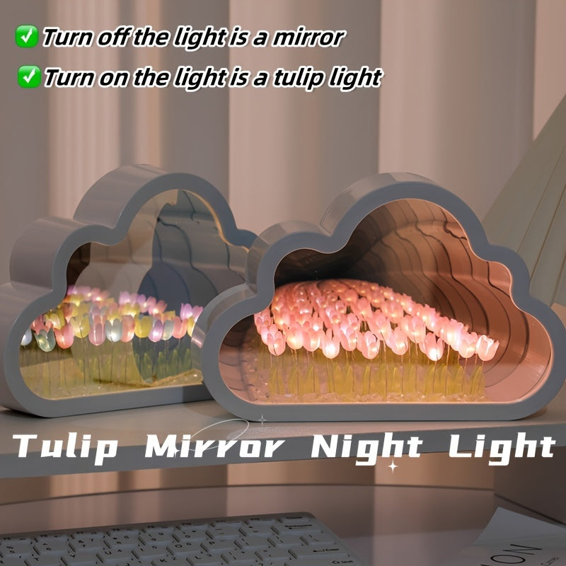 1pc Handcrafted Tulip Cloud LED Night Light with Mirror - Multicolor Flower Sea Glow, Adjustable Brightness, Battery-Powered Desk Lamp for Bedroom & Living Room Ambiance - Ideal Gift for Girlfriend, Best Friend on Christmas,