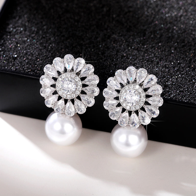 Fashion Flower zirconia Imitation Pearl Drop Earring For Women