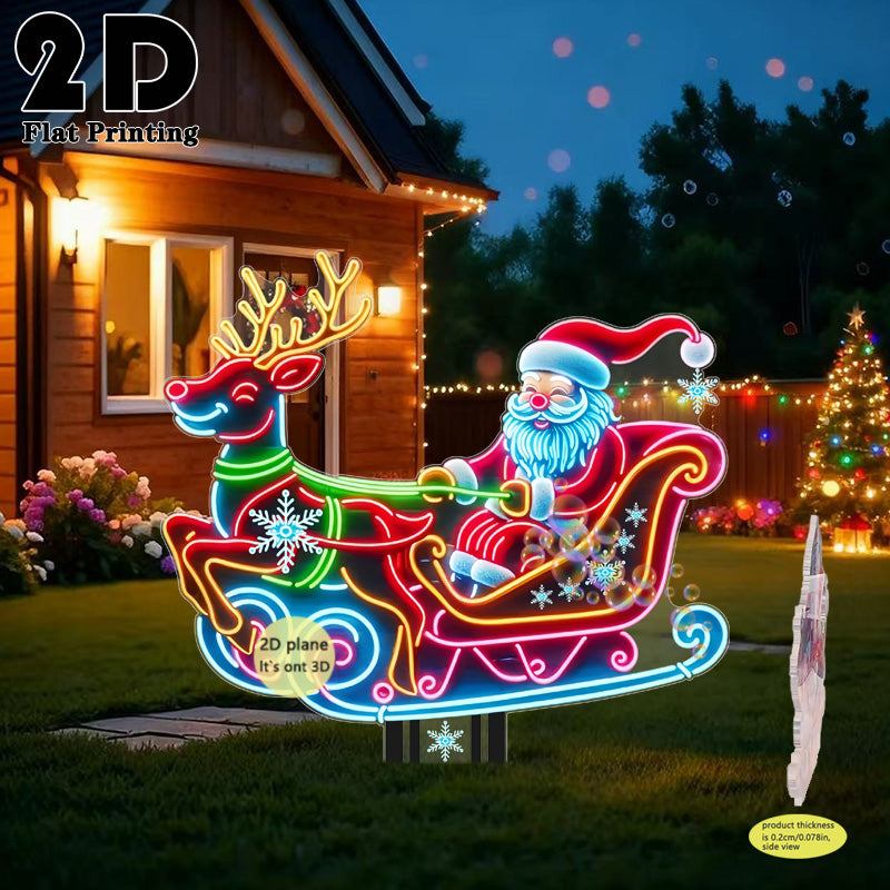 2D Flat, 1pc Neon-Lit Self-Lit Santa & Reindeer Sleigh Garden Stake - Glowing Outdoor/ Christmas Yard Decoration with Plug-Free, Durable Plastic Lawn Sign for Ground, Flower Beds, Parties (Easy Install, Holiday Decor), 2D Fla