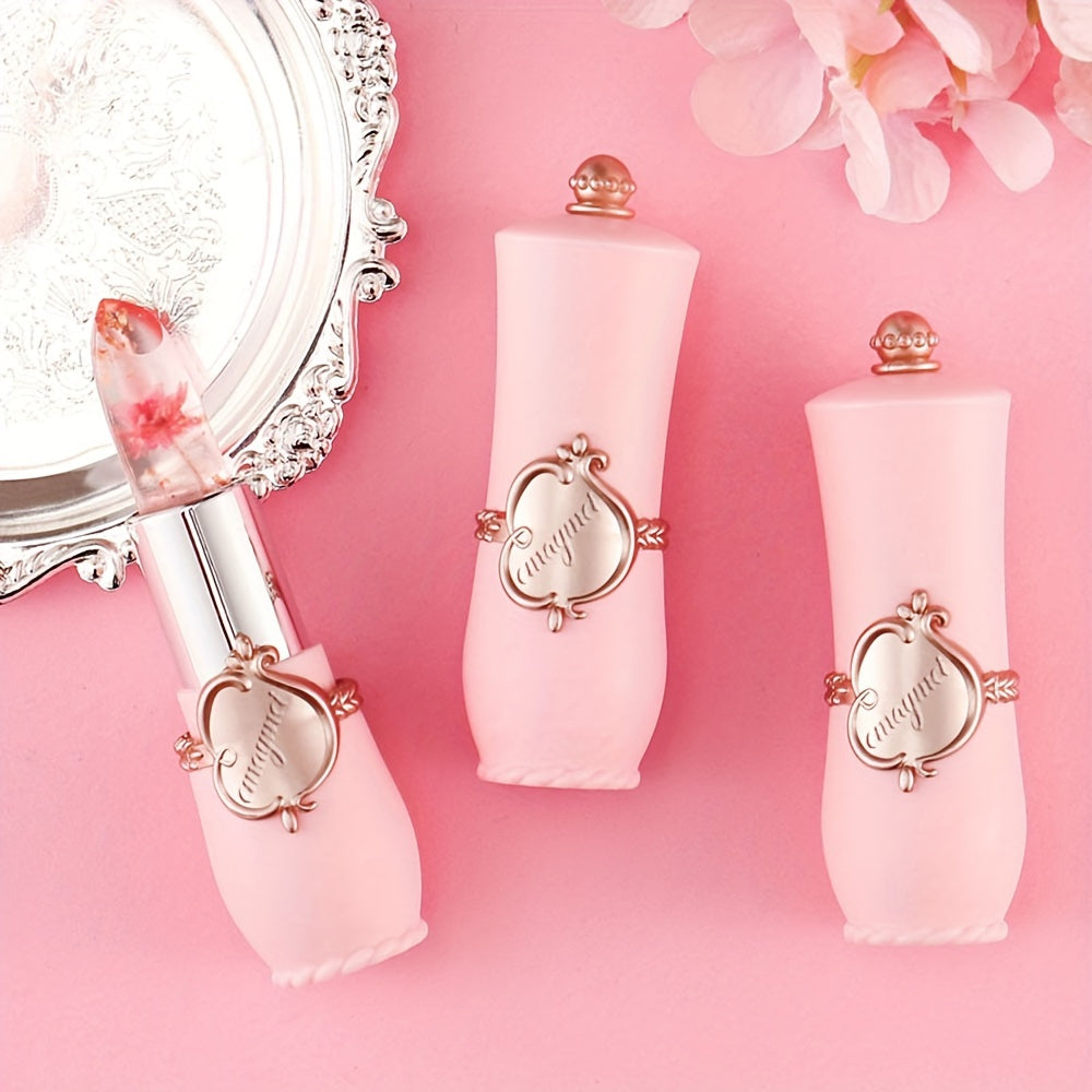 6-Piece Set of emaymei Vibrant Transparent Jelly Change Lipsticks - Featuring Crystal Golden Foil, Delicate Flower Petals, Shimmering Pink Hues, and Long-Lasting Moisturizing Formula for a Perfect Pout