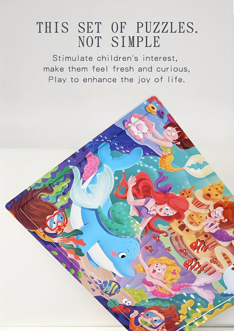 60pcs Wooden Large Piece Children's Cartoon Puzzle, Early Education Enlightenment Education Hands-on Ability Assembled Cute Mermaid Cartoon Character