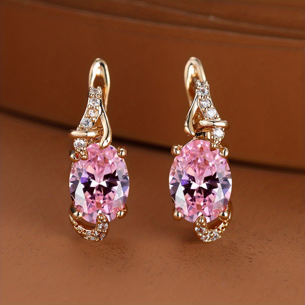 18K Gold Plated Blue Stone Stud Earrings Trendy Women Round Oval Cut White Blue Red Pink Stone Drop Earrings Anniversary Claw Earrings Jewelry