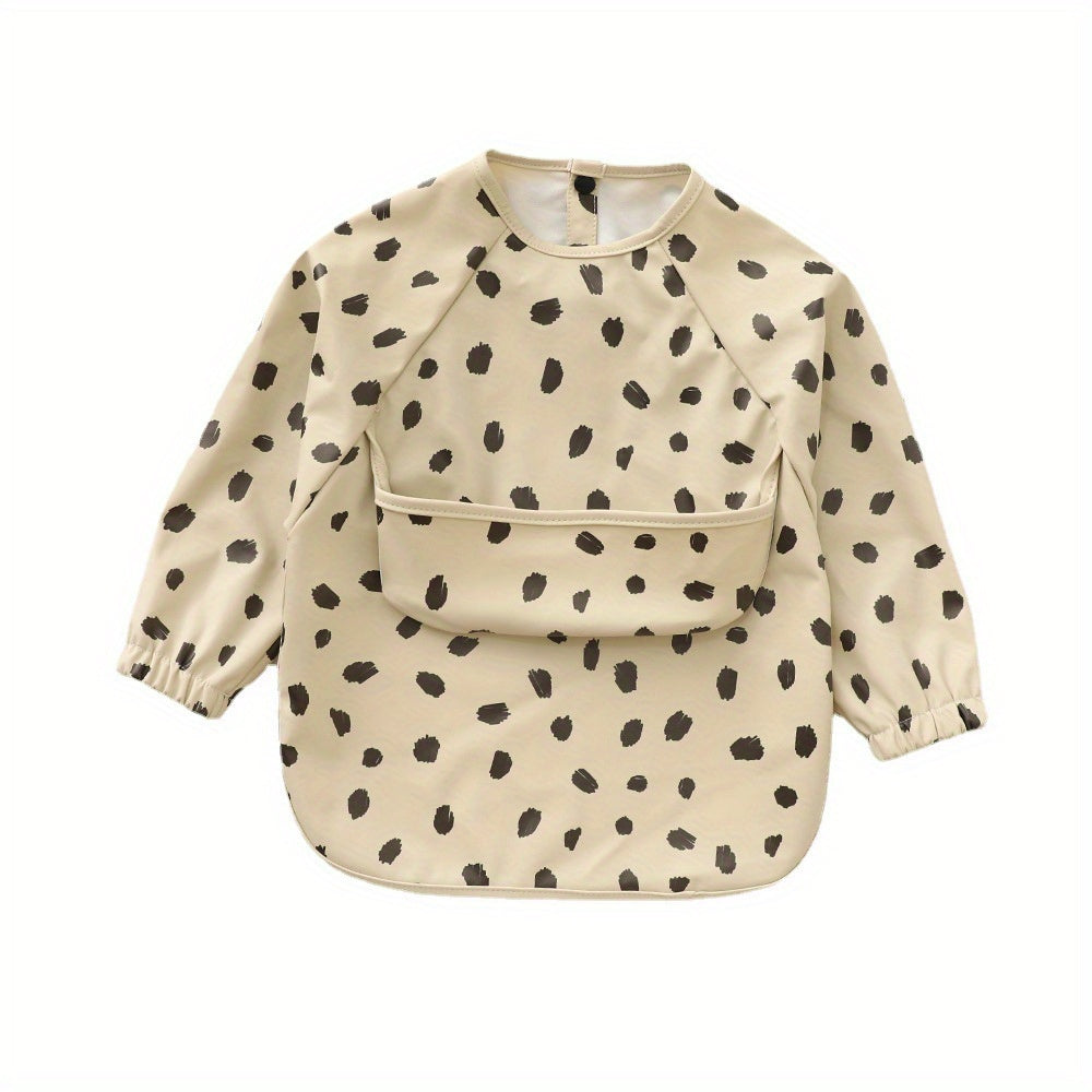 Unisex Baby Long Sleeve Bib with Crumb Catcher, Polyester Fiber, Snap Closure, Kids Eating Apron with Pocket, White/Beige/Mixed Colors