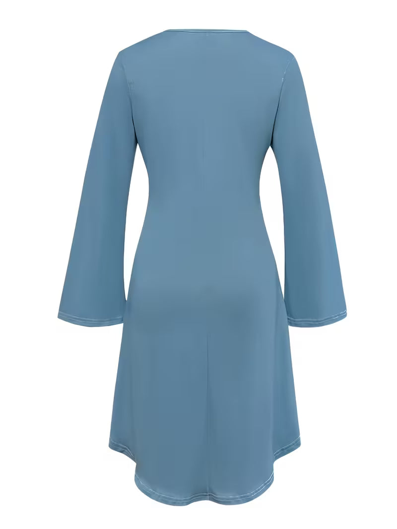 A Stylish Ethnic Print Long-Sleeve Blue Dress
