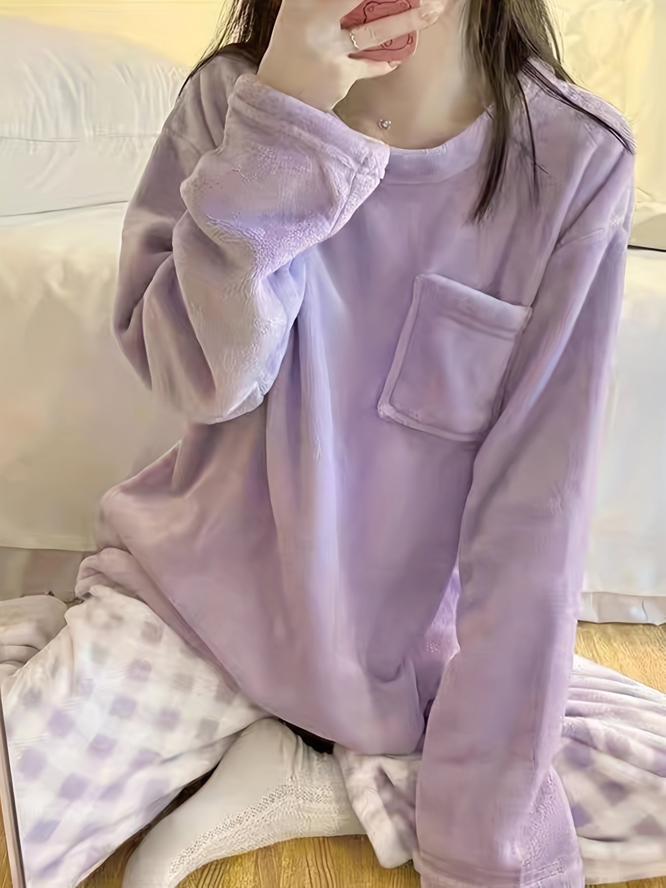 [Velvet Pajama] Winter Warm Velvet Pajama Set | Plaid Pattern Pajama, Solid Color Casual Home Wear Set