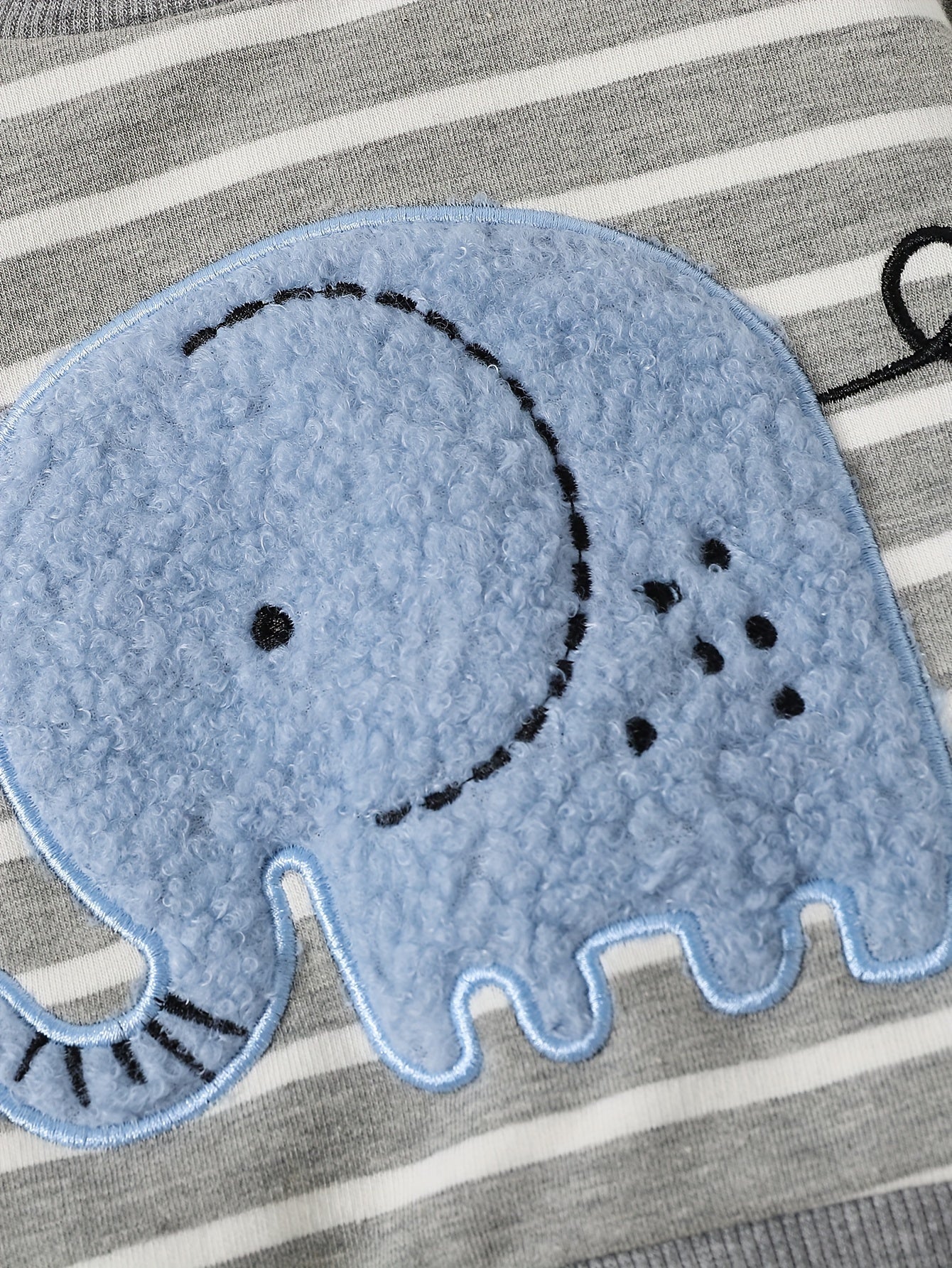 2pcs Infant Baby Boy Cute Striped Elephant Pattern Long Sleeve Top & Denim Trousers Outdoor Set For Spring And Autumn