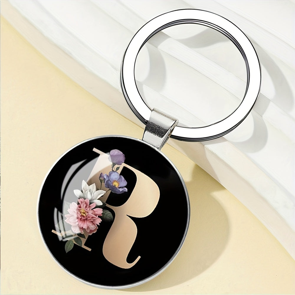 1pc Elegant Floral Alphabet Glass Keychain, Round Character-Themed Alloy Keyring, Romantic Collegiate Style Accessory, Ideal for Birthday, Anniversary, Graduation, Bridal Shower Gifts, and Festive Occasions - Christmas, Hallo