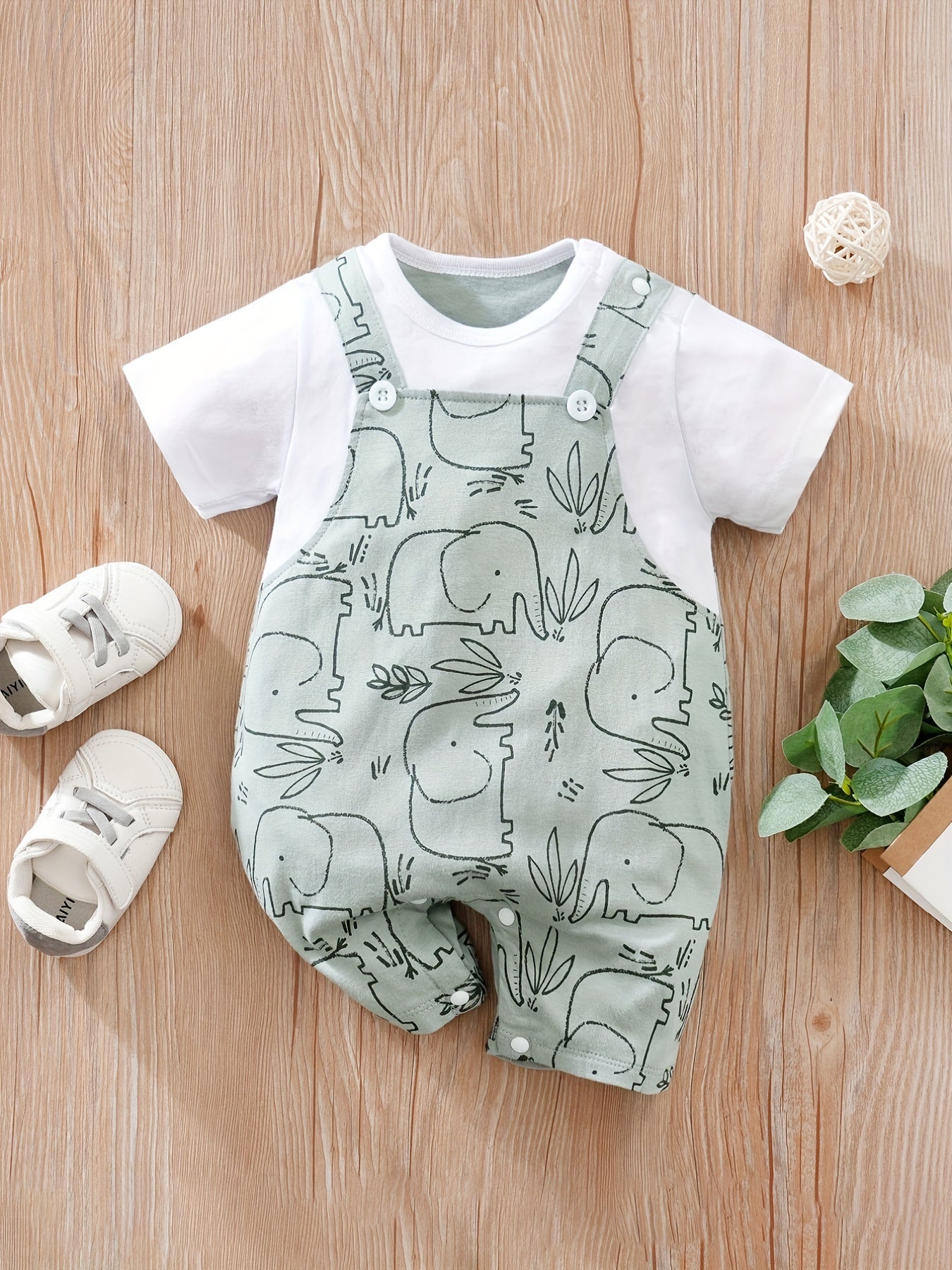 Baby Boy's Cute Elephant Print Short Sleeve Romper, Newborn's Clothes