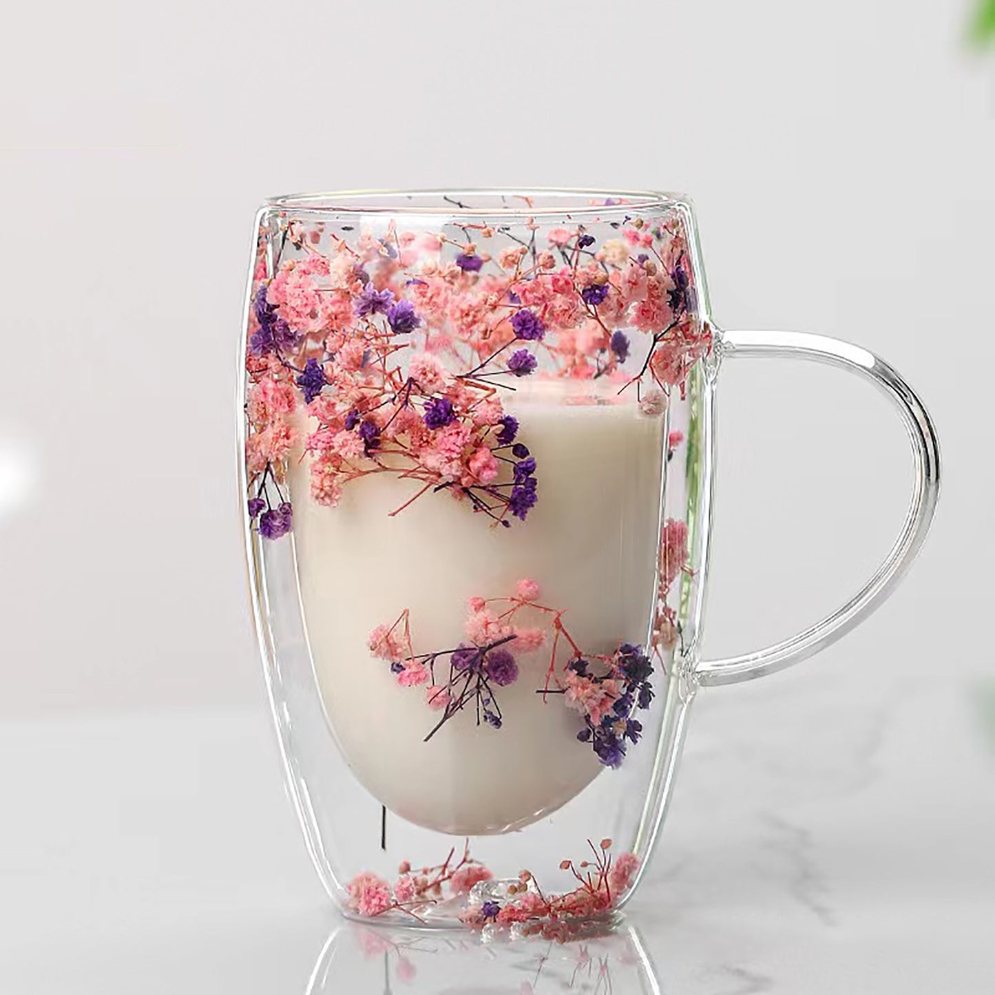 1pc Elegant Double-Walled Glass Coffee Mug with Dried Flower Detail - Thermal Insulated Drinkware for All Seasons - Ideal Birthday Present