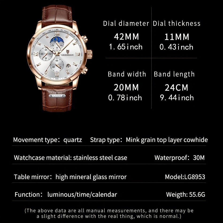 LIGE Men'S Quartz Watch | Vintage Style | Multi-Functional Chronograph | 30m | Calendar & Moon Phase | High-Quality Strap | Zinc Alloy Case, Electronic Drive | Non-rechargeable Button Battery | Luxury Business Watch, Business