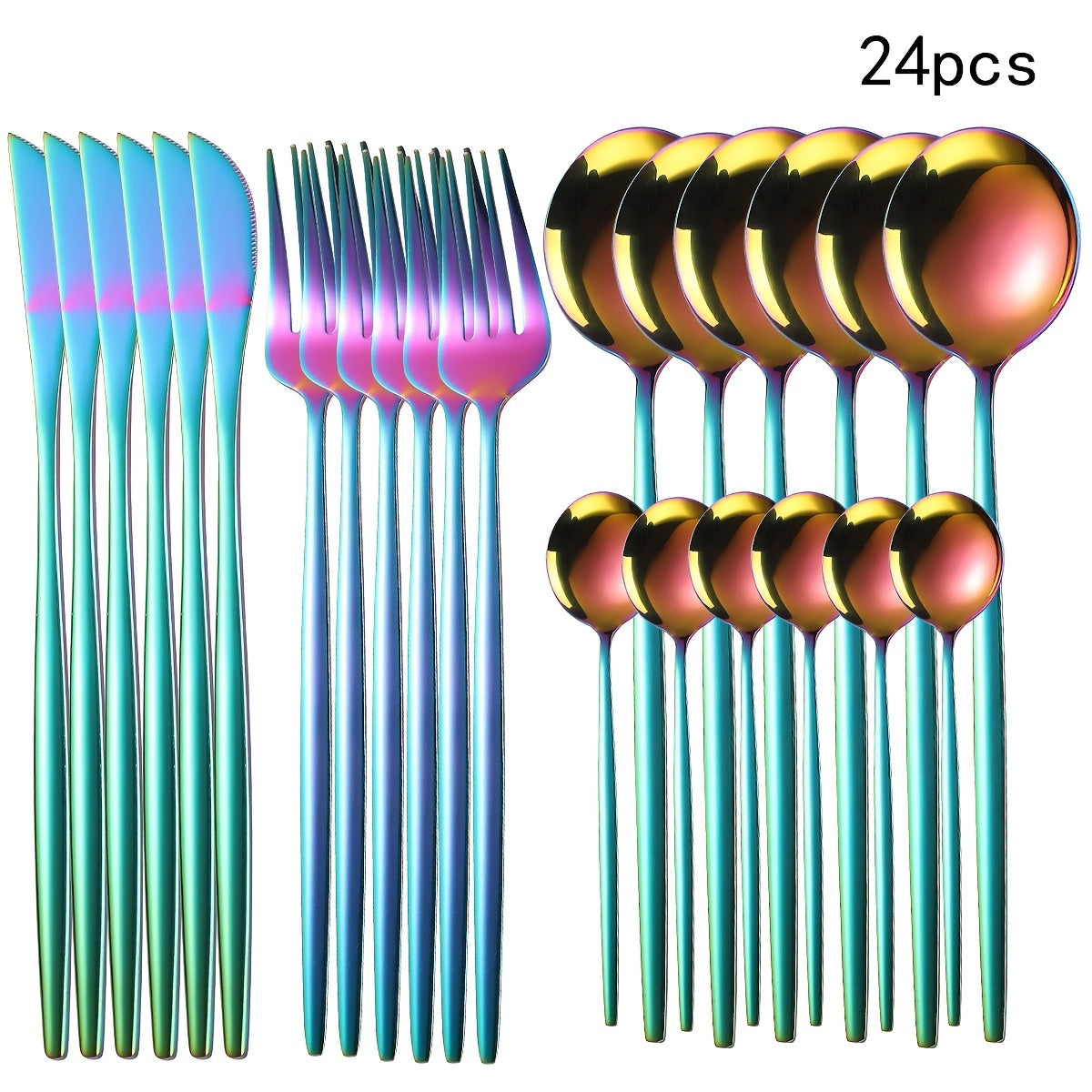 24-Piece Stainless Steel Portuguese Cutlery Set - Golden Western Steak Knife, Fork, and Spoon for Family Restaurant, Dishwasher Safe, Eid Al-Adha Gift - Durable Tabletop Serveware for Food Service Equipment & Supplies