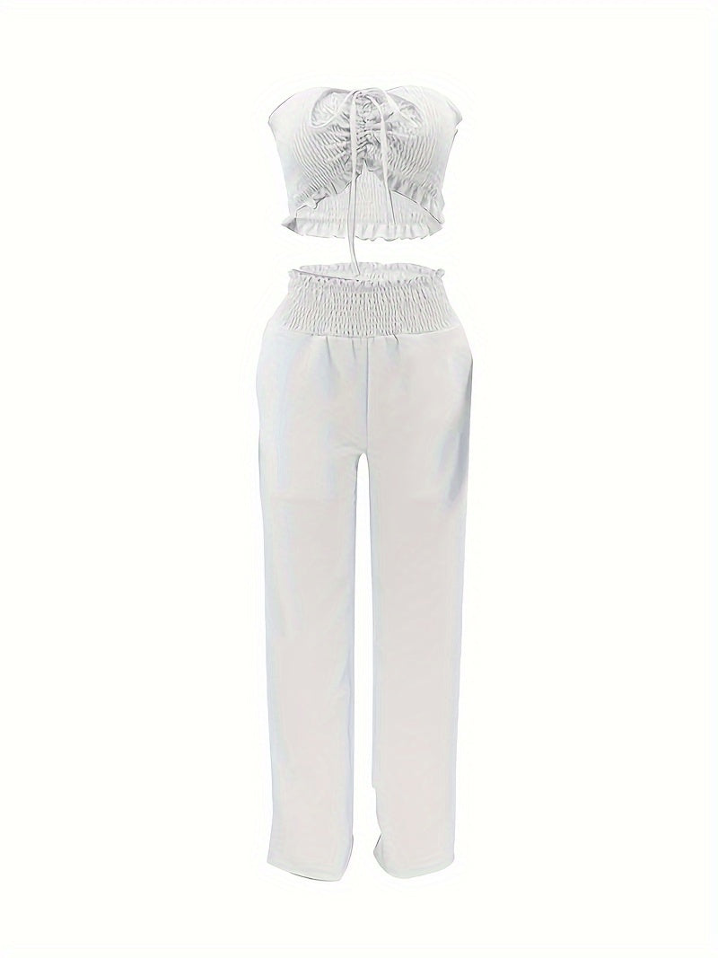 Autumn Style Two-Piece Set for Women Featuring a Fashionable Bow-Tie Design And Strapless Cover-Up, This Outfit Is Adorned with a Stylish Pink Polyester Two-Piece Set HN033.