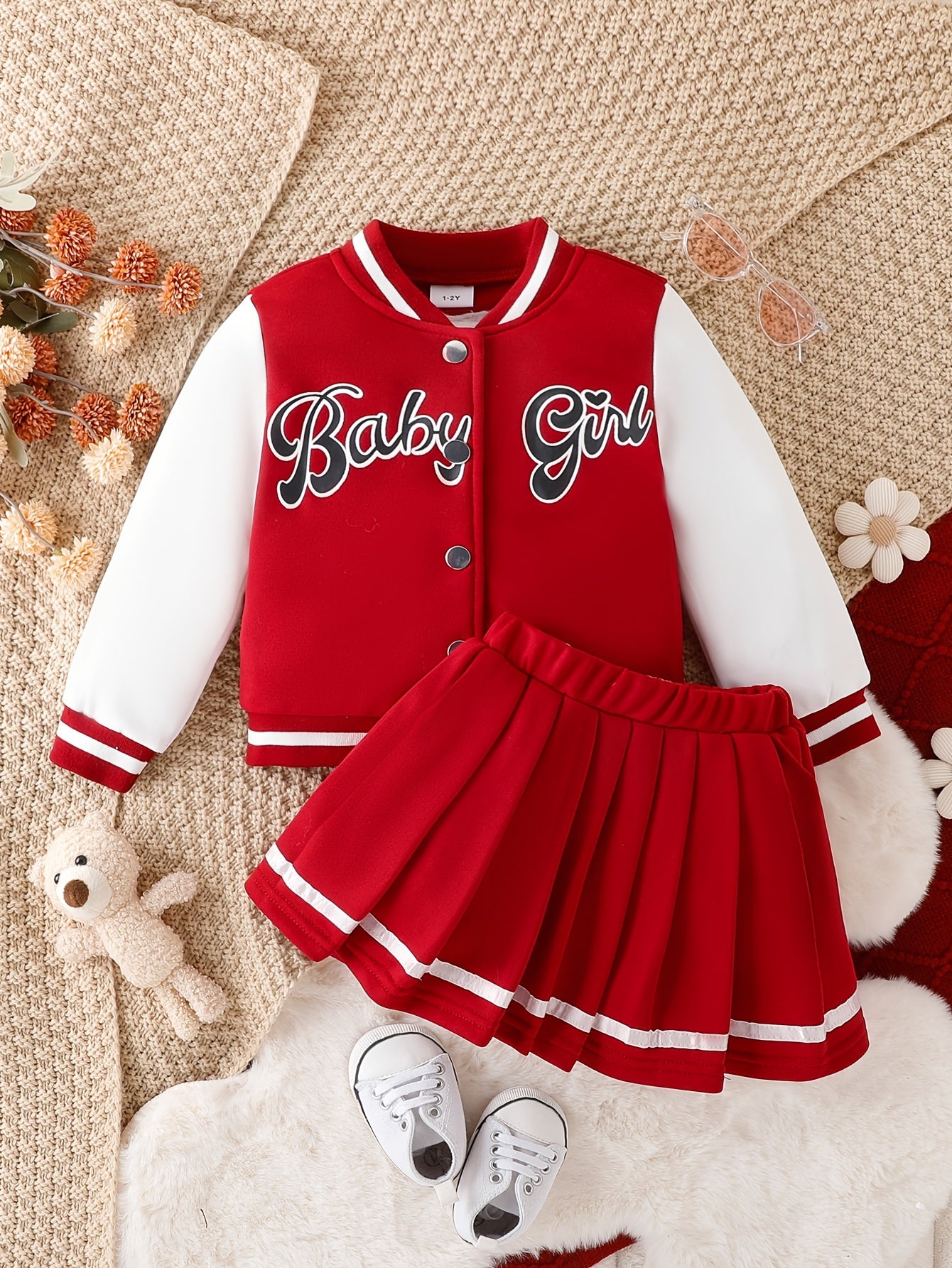 Preppy Style Girls 2pcs BABY GIRL Print Baseball Jacket + Pleated Skirt Outdoor Set For Party Sports Gift
