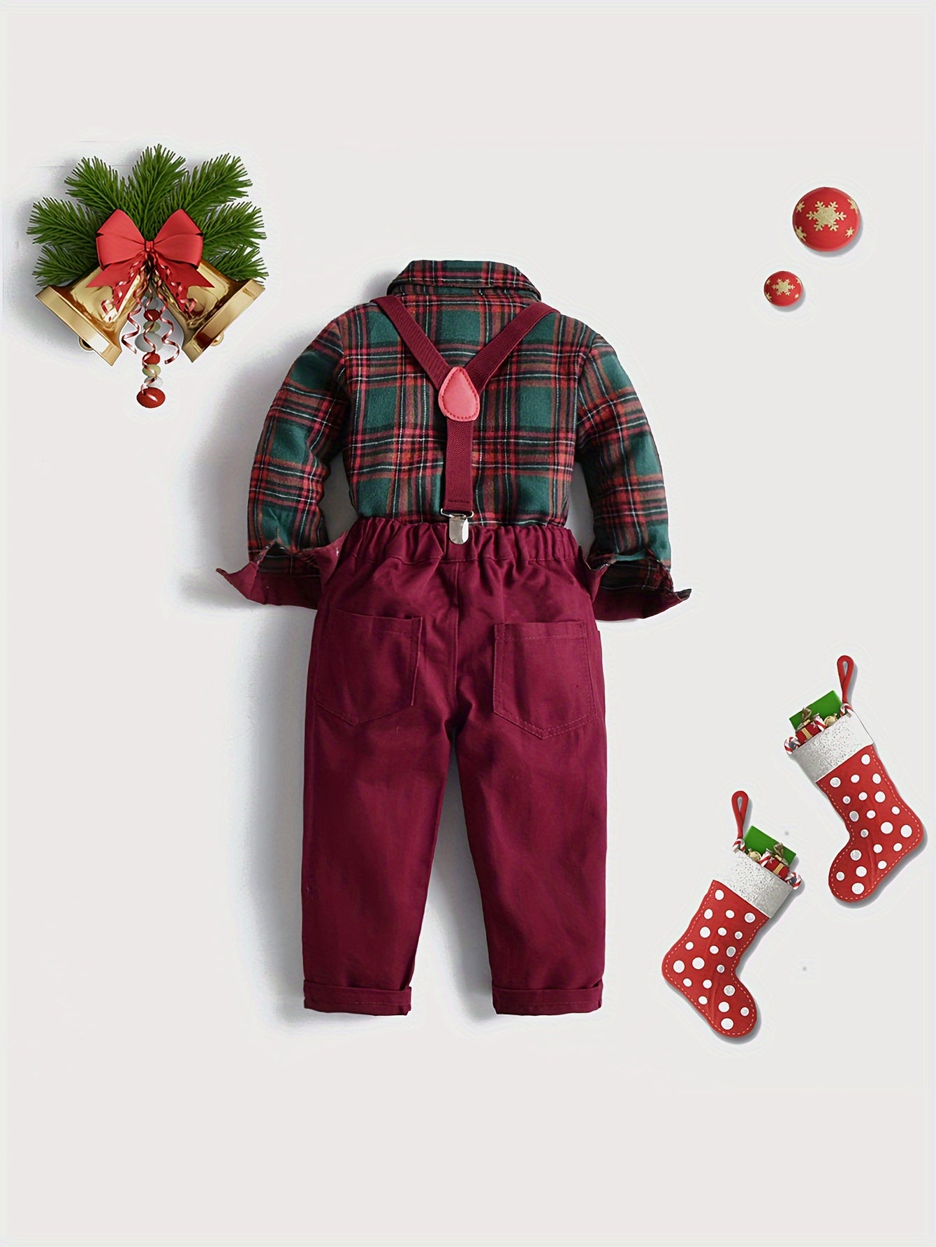 Boy's Fashion 2pcs Co Ord Set, Comfy Long Sleeve Lapel Collar Button Shirt With Plaid Pattern & Suspender Trousers, Christmas Festive Style Suit, Ideal For Christmas Party, Autumn/Winter Daily & Outdoor Wear