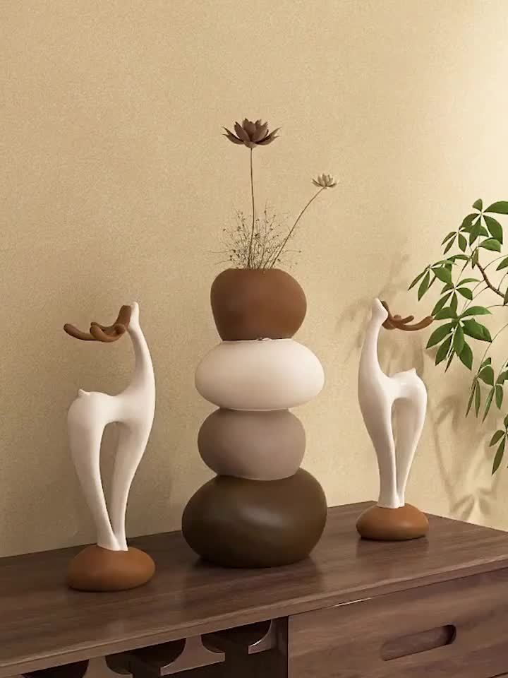 [Creative Stacked Stone Vase] 3pcs Creative Stacked Stone Vase and Deer Figurine Set | Resin Ornaments for Living Room, Bedroom, Office Desk, Bookshelf – Unique Christmas Gifts for Family & Friends