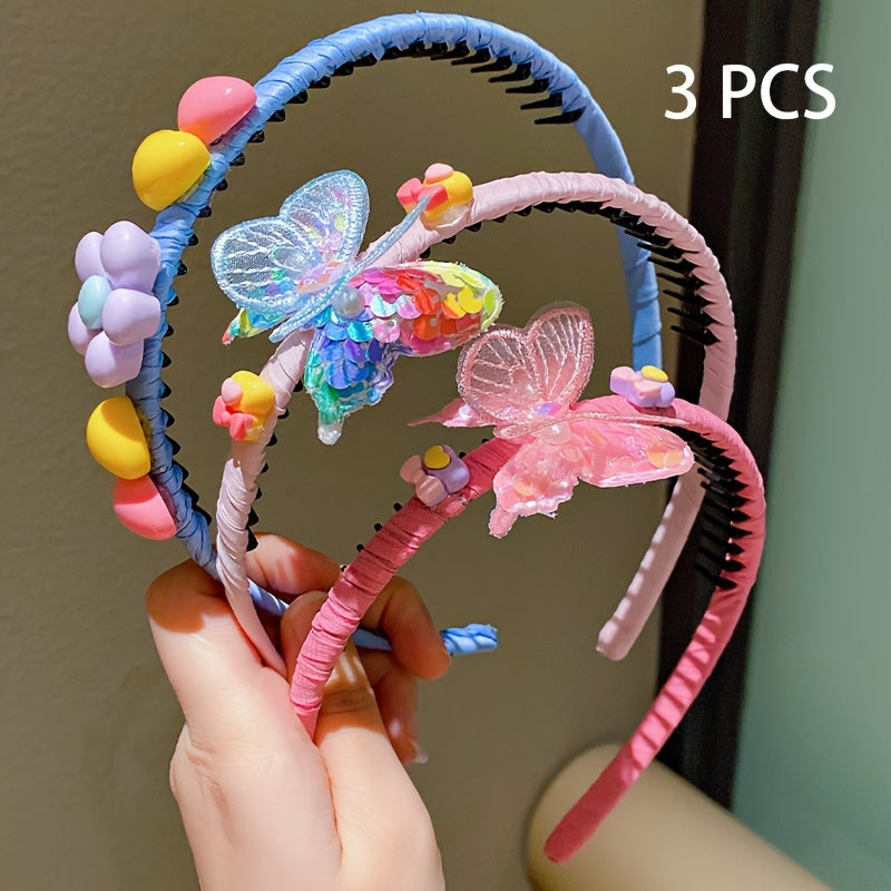 LEMON LOVEO 3pcs Sweet Butterfly & Flower Hairbands - Non-Slip, Colorful Resin & Fabric, All-Season Versatility for Girls