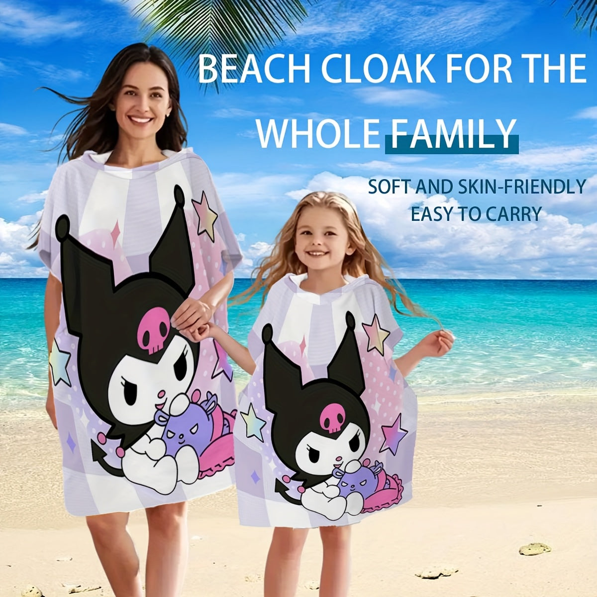 1pc Sanrio Kuromi Adult & Wearable Beach Towel with Kuromi Face Hood - Quick-Dry Microfiber Bath Robe, Cute Kuromi Print for Pool, Bath, Travel - Officially Inspired Sanrio Character Outfit