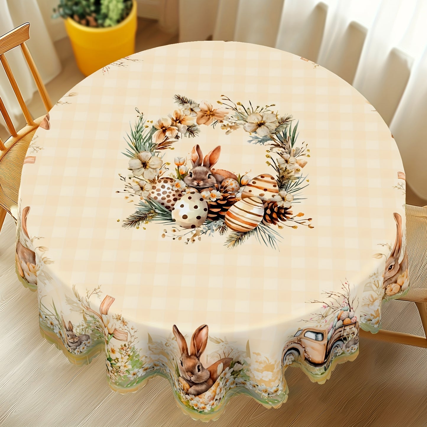 Durable Polyester Easter And Spring Themed Tablecloths, Tablecloths - Featuring Rabbit, Easter Egg, Flower, Cross, And Truck Patterns, Available in 5 Sizes - Round And Rectangular Tablecloths with Embossed Edges, Perfect for