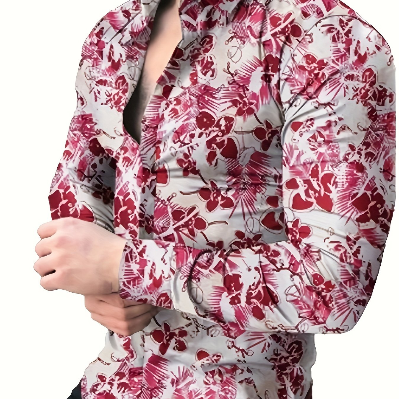 Retro Style Flower Print Men's Casual Long Sleeve Button Up Lapel Shirt, Spring Fall