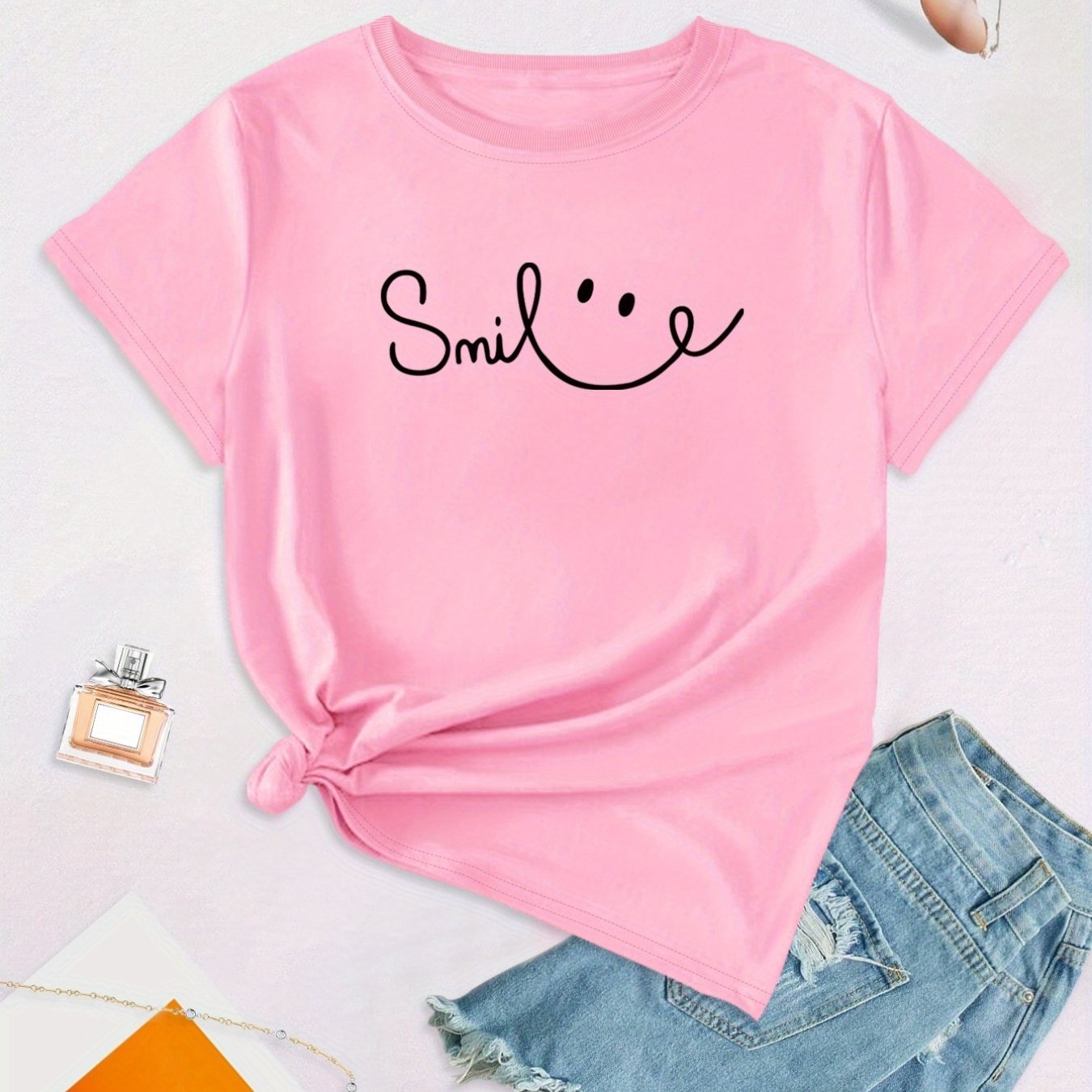Plus Size Face Print Short Sleeve T-shirt, Women's Plus Slight Stretch Round Neck Casual Tee