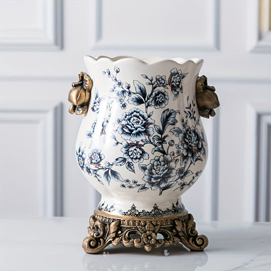 Exquisite Vintage Floral Cylinder Vase - European-Inspired Decorative Ceramic Vase with Unique Ice Crack Texture, Perfect for Home Decor, Living Room, and Office